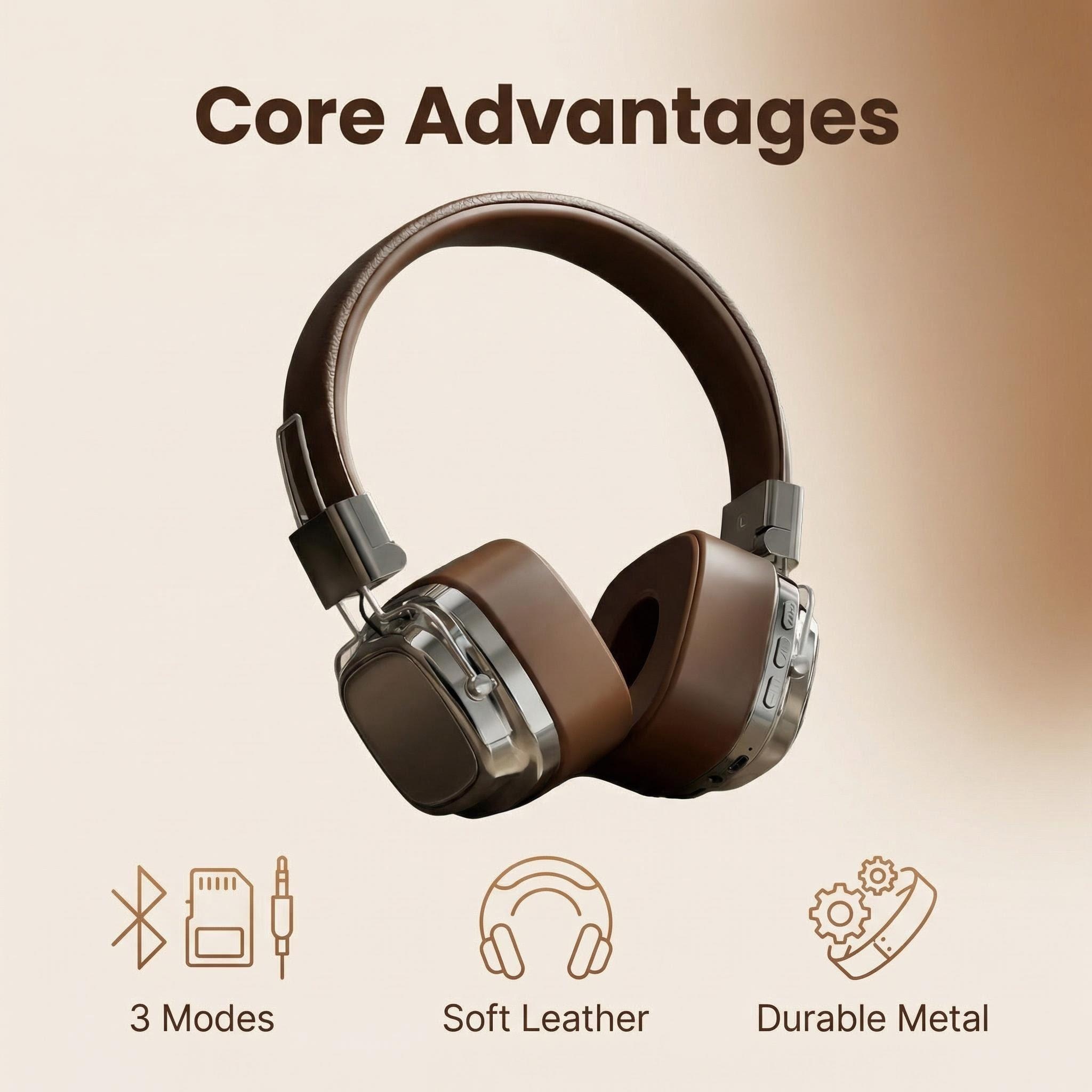 Retro Gaming Cable - Retro lederen over-ear hoofdtelefoon Draadloos Bluetooth